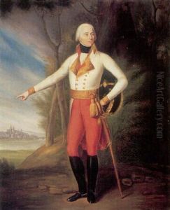 A Portrait Of The Comte De Baillet, In Military Uniform With A Landscape Beyond by Maurice Quentin de La Tour