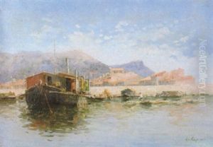 Barche A Riva Con Paese Sullo Sfondo by Alessandro la Volpe