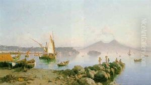 View Of The Bay Of Naples With Figures On A Rocky Outcrop by Alessandro la Volpe