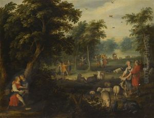 An Arcadian Landscape With Courting Shepherds And Their Flock by Jasper van der Laanen