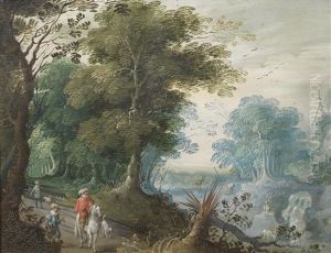A Wooded Landscape With A Stag Hunt