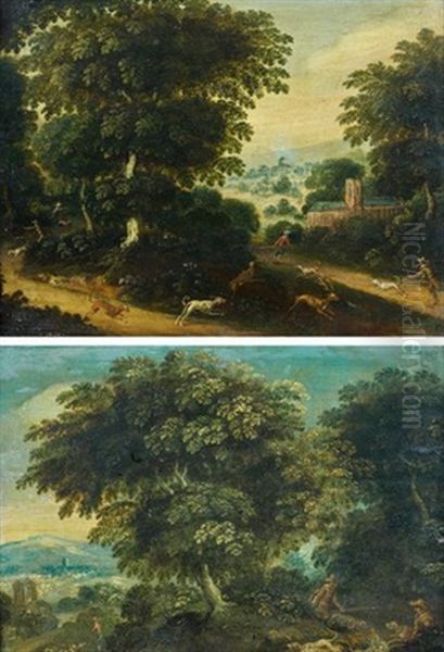 Scene De Chasse A Courre Au Lievre Et Scene De Chasse A Courre Au Cerf (pair) - view 1
