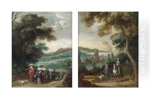 A Wooded Landscape With Elegant Figures Strolling (+ A Landscape With Travellers On A Sandy Path, A Town Beyond; Pair) by Jasper van der Laanen