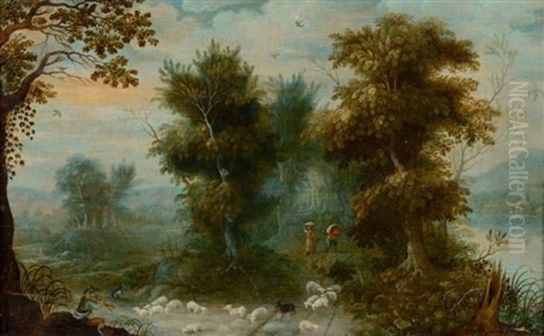 Sous-bois Longeant Une Riviere Avec Un Patre Et Ses Moutons - view 1