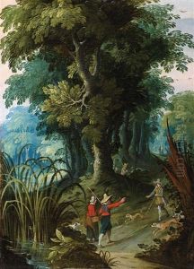 Paysage De Sous-bois Borde D'une Riviere Animee De Personnages Et Leur Meute De Chiens by Jasper van der Laanen