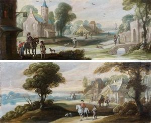 Cavaliers Arrivant A L'auberge Et Cavaliers Longeant Une Riviere (pair)