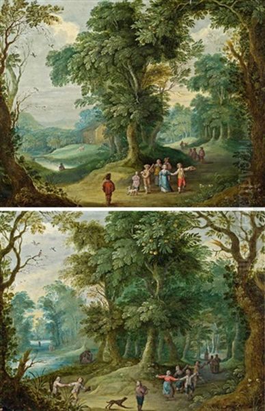 Waldlandschaft Mit Lautenspieler Und Tanzenden Und Waldlandschaft Mit Dudelsackspieler Und Tanzenden (pair) - view 1