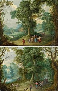 Waldlandschaft Mit Lautenspieler Und Tanzenden Und Waldlandschaft Mit Dudelsackspieler Und Tanzenden (pair) by Jasper van der Laanen