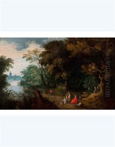 Paesaggio Fluviale Con Figure E Cittadina Sullo Sfondo