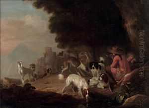 Huntsmen Resting With Their Hounds In A Landscape