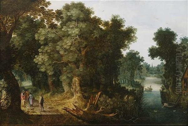 Bewaldete Flusslandschaft Mit Reisenden Auf Einem Weg, Die Sich Von Einer Wahrsagerin Aus Der Hand Lesen Lassen - view 1