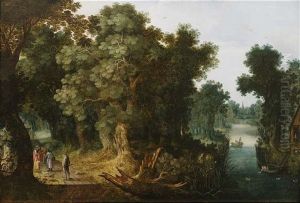 Bewaldete Flusslandschaft Mit Reisenden Auf Einem Weg, Die Sich Von Einer Wahrsagerin Aus Der Hand Lesen Lassen