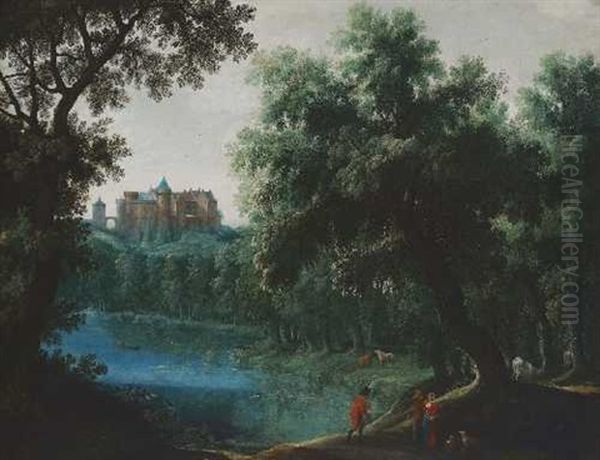 Baumbestandene Uferlandschaft Mit Figurenstaffage - view 1