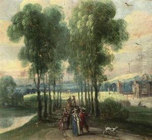 A Wooded Landscape With Elegant Figures On A Path, A Castle Beyond by Jasper van der Laanen