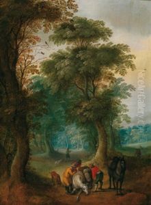 Reisende In Bewaldeter Landschaft, Ein Pferd Sattelnd Reisende In Bewaldeter Landschaft, Ein Pferd Sattelnd