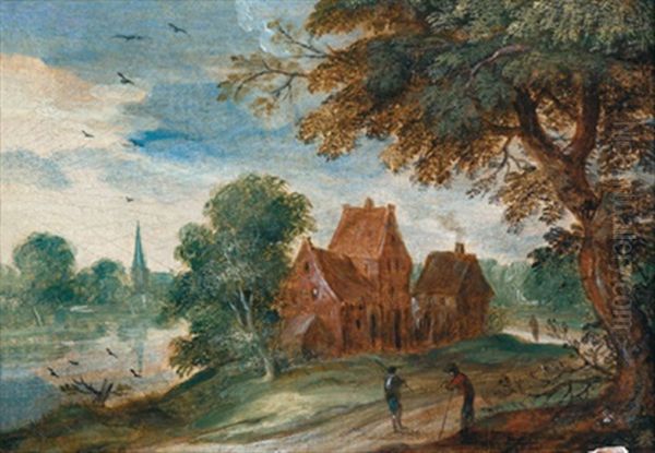 Flusslandschaft Mit Drei Hausern Und Figuren - view 1