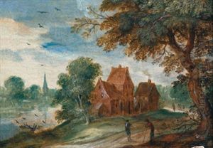 Flusslandschaft Mit Drei Hausern Und Figuren