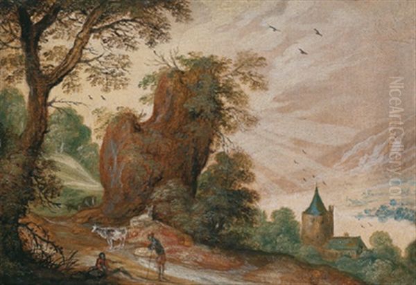 Gebirgige Landschaft Mit Einem Felsen Und Hirten - view 1