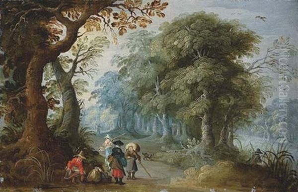 A Wooded Landscape With Travellers On A Track - view 1