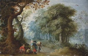 A Wooded Landscape With Travellers On A Track by Jasper van der Laanen