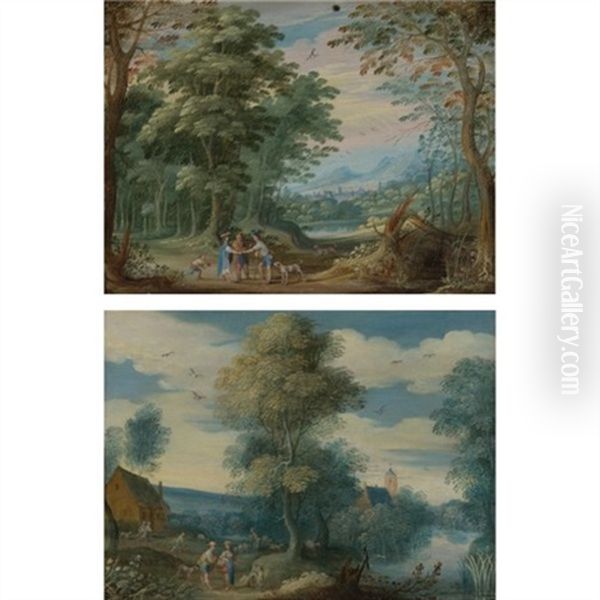 A Landscape With A Wood, Figures Meeting On A Path, And A Village Beyond (+ A Landscape With Little Village Next To A Stream With Figures Conversing; Pair) - view 1