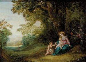 The Virgin And Child With The Infant Saint John The Baptist In A Wooded Landscape by Jasper van der Laanen