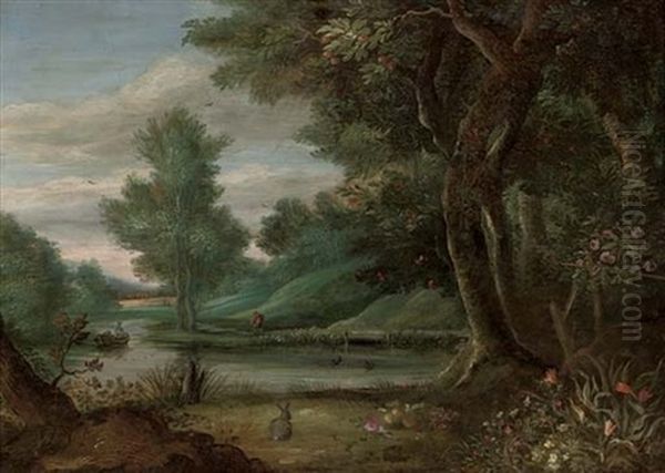 A Wooded River Landscape With A Traveller On A Path - view 1