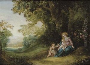 The Virgin And Child With The Infant Saint John The Baptist In A Wooded Landscape ( Circle Of Jasper Van Der Lanen And Peter Van Avont) by Jasper van der Laanen