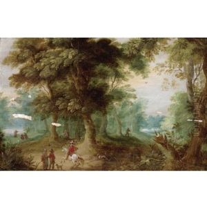 A Wooded Landscape With Huntsmen In The Foreground by Jasper van der Laanen