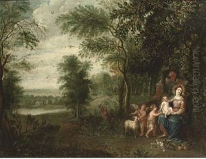 The Holy Family With The Infant Saint John The Baptist And An Angel Resting In A Wooded Landscape by Jasper van der Laanen