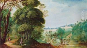 Bewaldete Flusslandschaft Mit Reisenden by Jasper van der Laanen