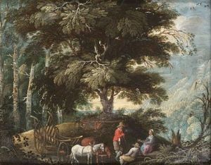 A Wooded Landscape With Peasants And A Horsedrawn Wagon On A Track by Jasper van der Laanen
