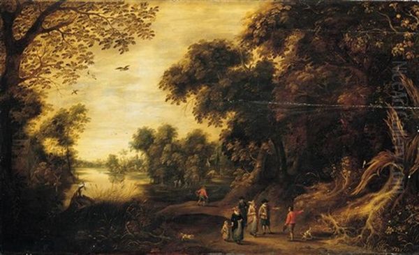 A Wooded River Landscape With Elegant Figures Conversing With A Traveller In The Foreground - view 1