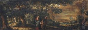 A Wooded Landscape With The Return From The Flight Into Egypt by Jasper van der Laanen