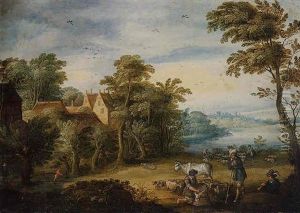 A River Landscape With Shepherds Shearing Sheep In The Foreground by Jasper van der Laanen