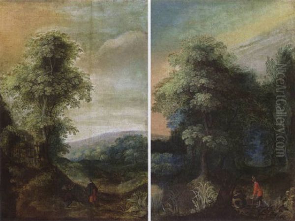 A Wooded Hilly Landscape With Travellers On A Path - view 1