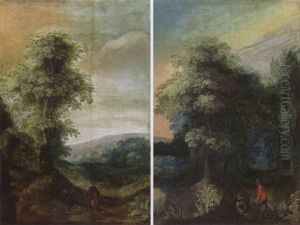 A Wooded Hilly Landscape With Travellers On A Path by Jasper van der Laanen