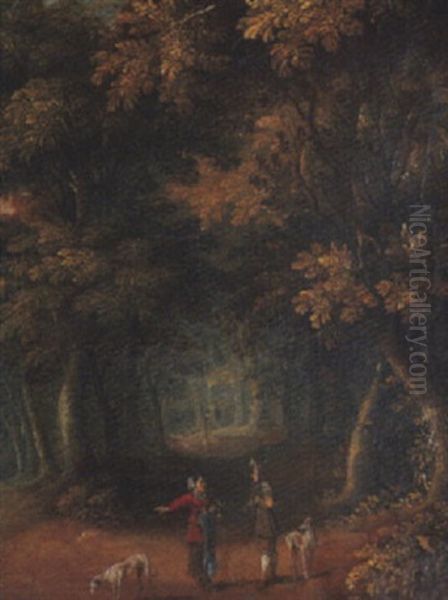 A Wooded Landscape With Peasants On A Path - view 1