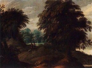 Travellers Walking On A Path In A Wooded Landscape by Jasper van der Laanen