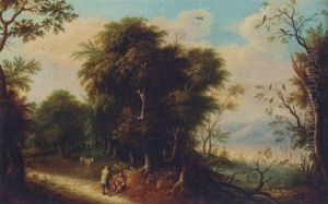 A Wooded River Landscape With Figures On A Track