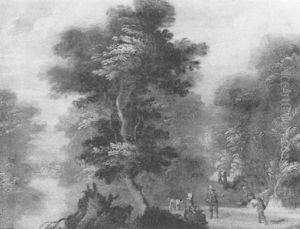 Paysage Lacustre Avec Villageois Sur Un Chemin Forestier by Jasper van der Laanen