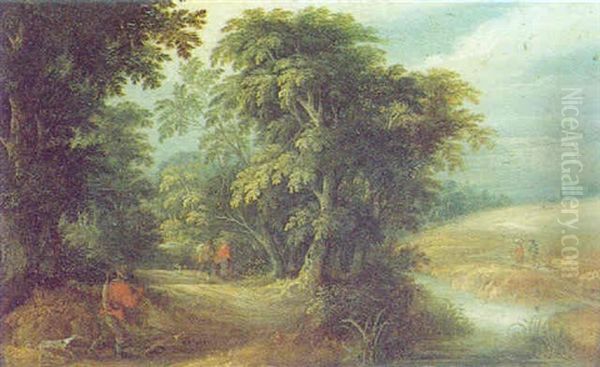 Bewaldete Fluslandschaft Mit Reisenden - view 1