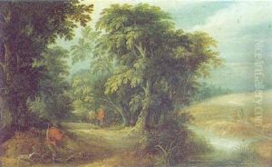 Bewaldete Fluslandschaft Mit Reisenden by Jasper van der Laanen