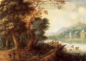Flusslandschaft Mit Wandernen, Im Hintergrund Ein Weiler Flusslandschaft Mit Wandernen, Im Hintergrund Ein Weiler