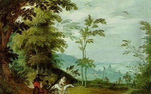 Wooded Landscape With Travellers On Horseback, A Town And Herd In A Meadow Beyond by Jasper van der Laanen