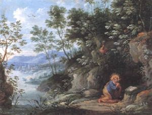 St. Peter Praying With An Extensive Landscape Beyond by Jasper van der Laanen