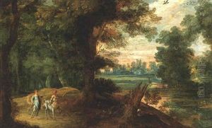 A Wooded River Landscape With The Centaur Nessus And Deianeira by Jasper van der Laanen