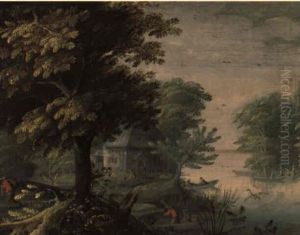 Bewaldete Fluslandschaft Mit Bauern Und Booten by Jasper van der Laanen