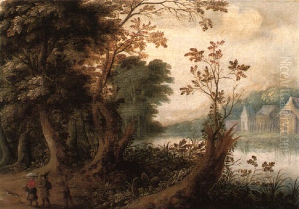 A Wooded River Landscape With Travellers On A Track - view 1