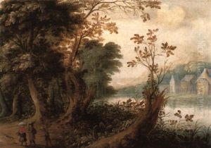 A Wooded River Landscape With Travellers On A Track A Wooded River Landscape With Travellers On A Track